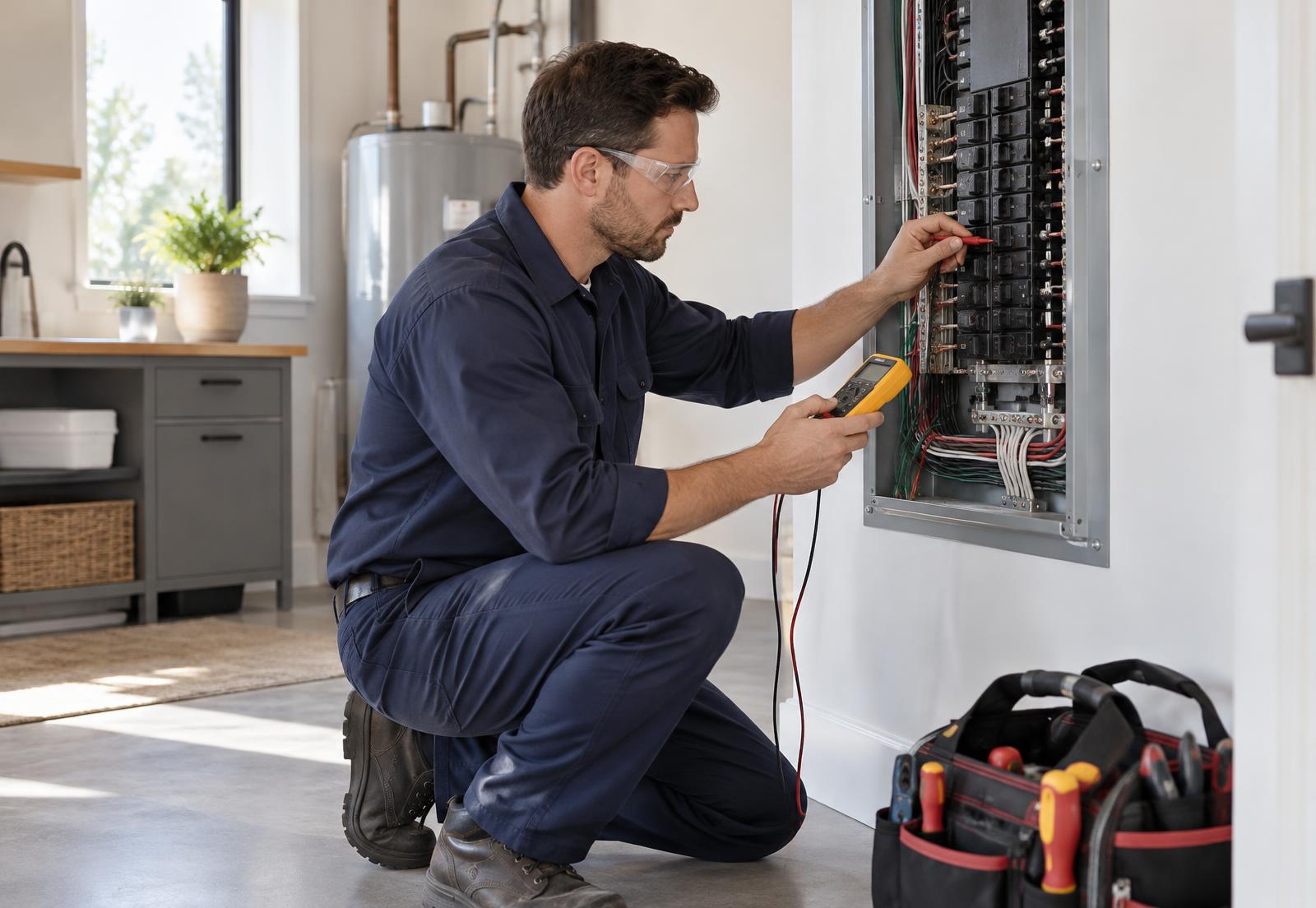 Electrician testing circuits at an open electrical panel in a home utility room