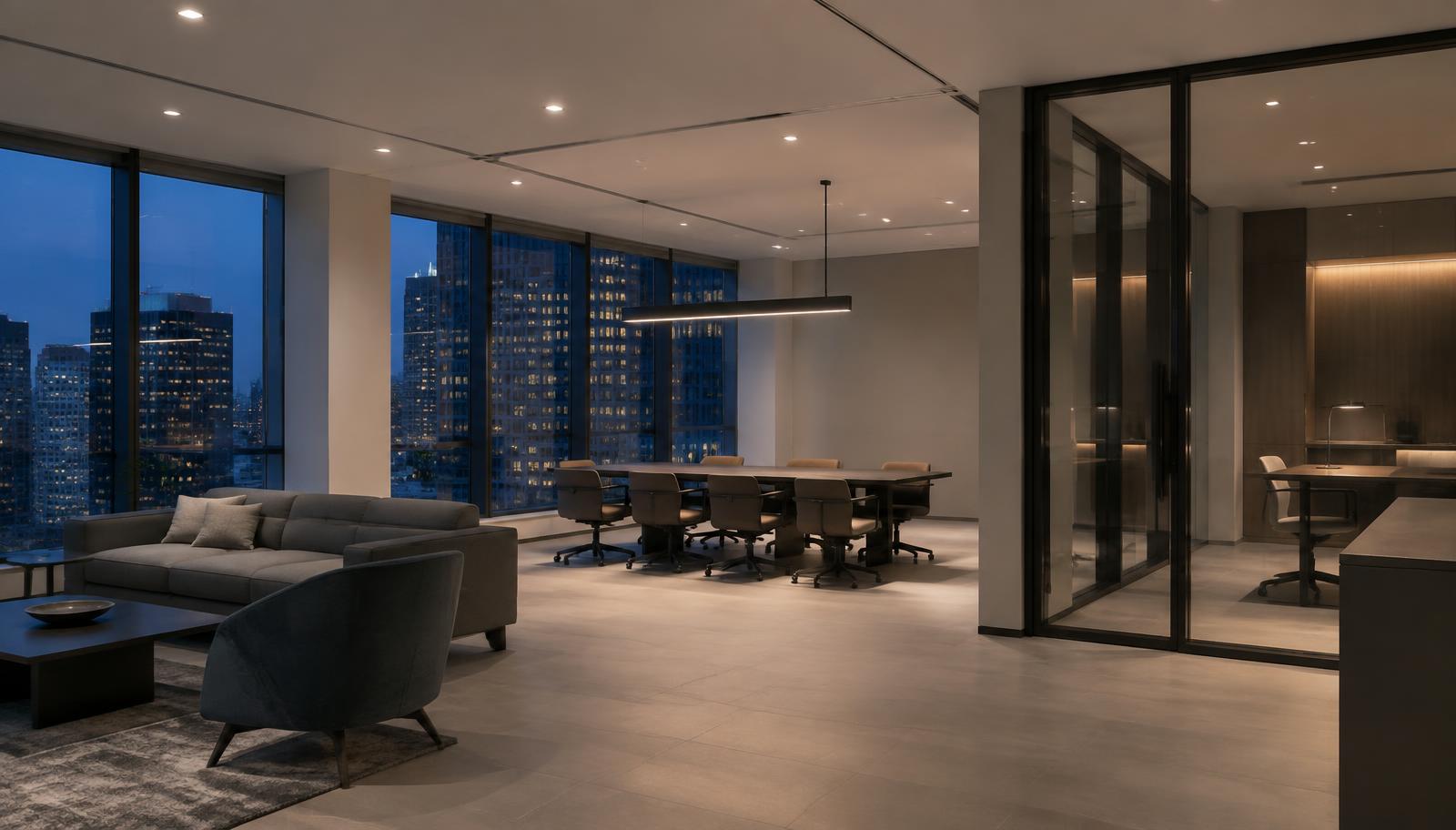 Modern office interior with recessed and linear LED lighting